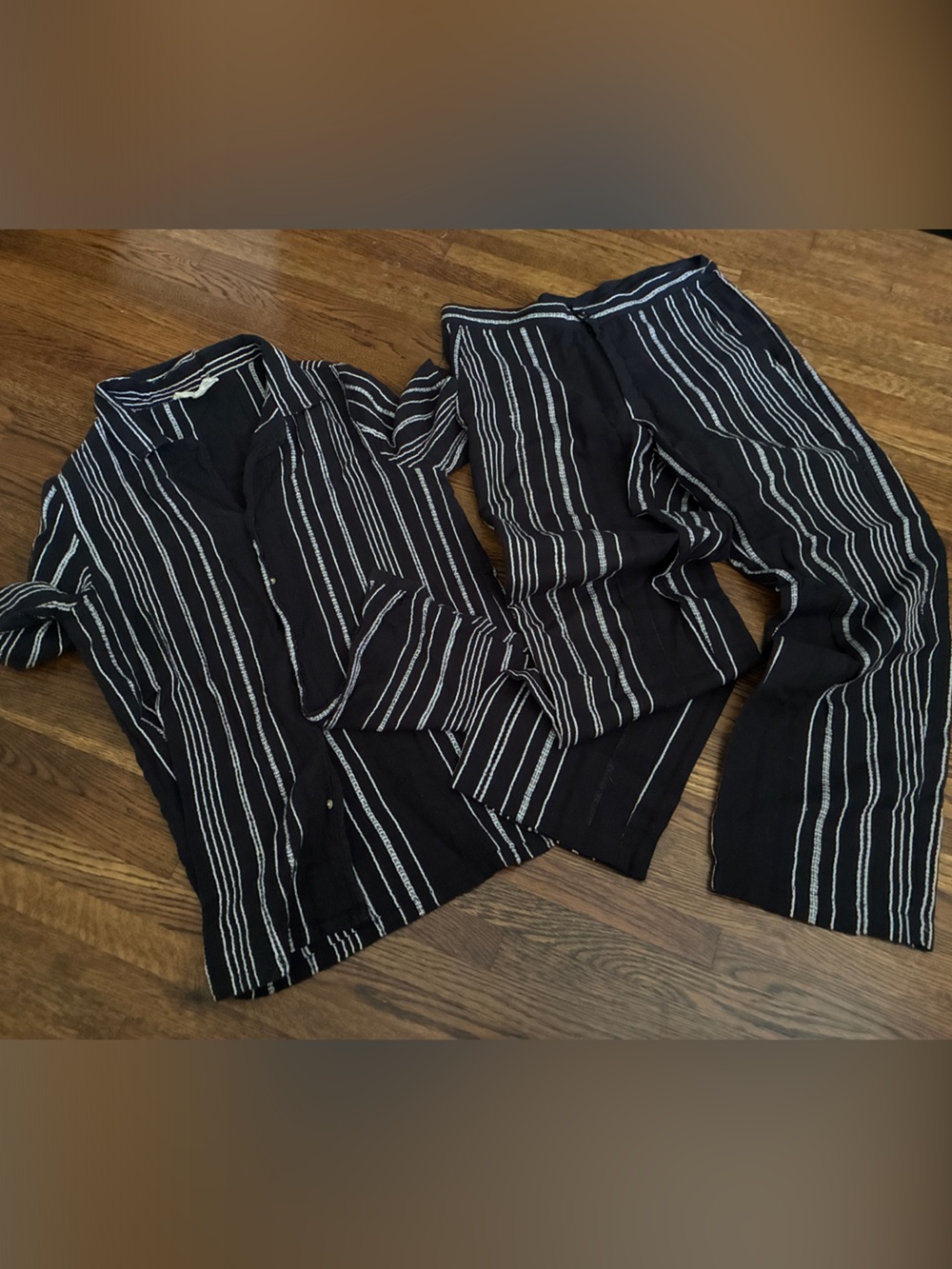 Men's Black Striped Button-Up Shirt and Pants Set
